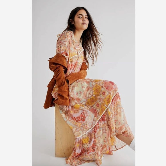 Free People NWT Carmella Printed Geometric Ruffle Maxi Dress - Size XS - Picture 2 of 16